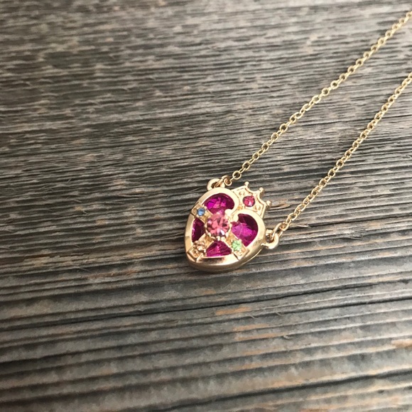 ❤️ 3/$25 NWOT pink heart and crown paste stone necklace anime jewelry pop gold - Picture 2 of 4